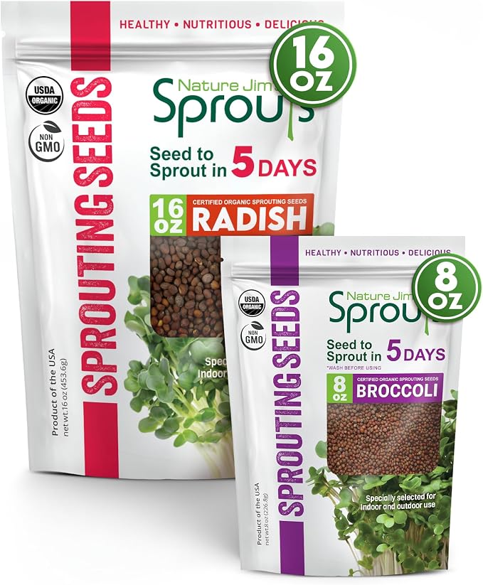 Nature Jims Broccoli Sprouts & Radish Seeds – Organic Broccoli Sprouts, Organic Radish Seeds, Non-GMO for Indoor/Outdoor Growing, Microgreens Bundle, 8oz + 16oz