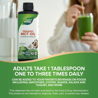 Nature's Way Organic MCT Oil, 16 Fl Oz, Brain and Body Fuel from Coconuts*, C8 Caprylic Acid and C10 Capric Acid, Keto and Paleo Certified, Organic, Non-GMO Project Verified