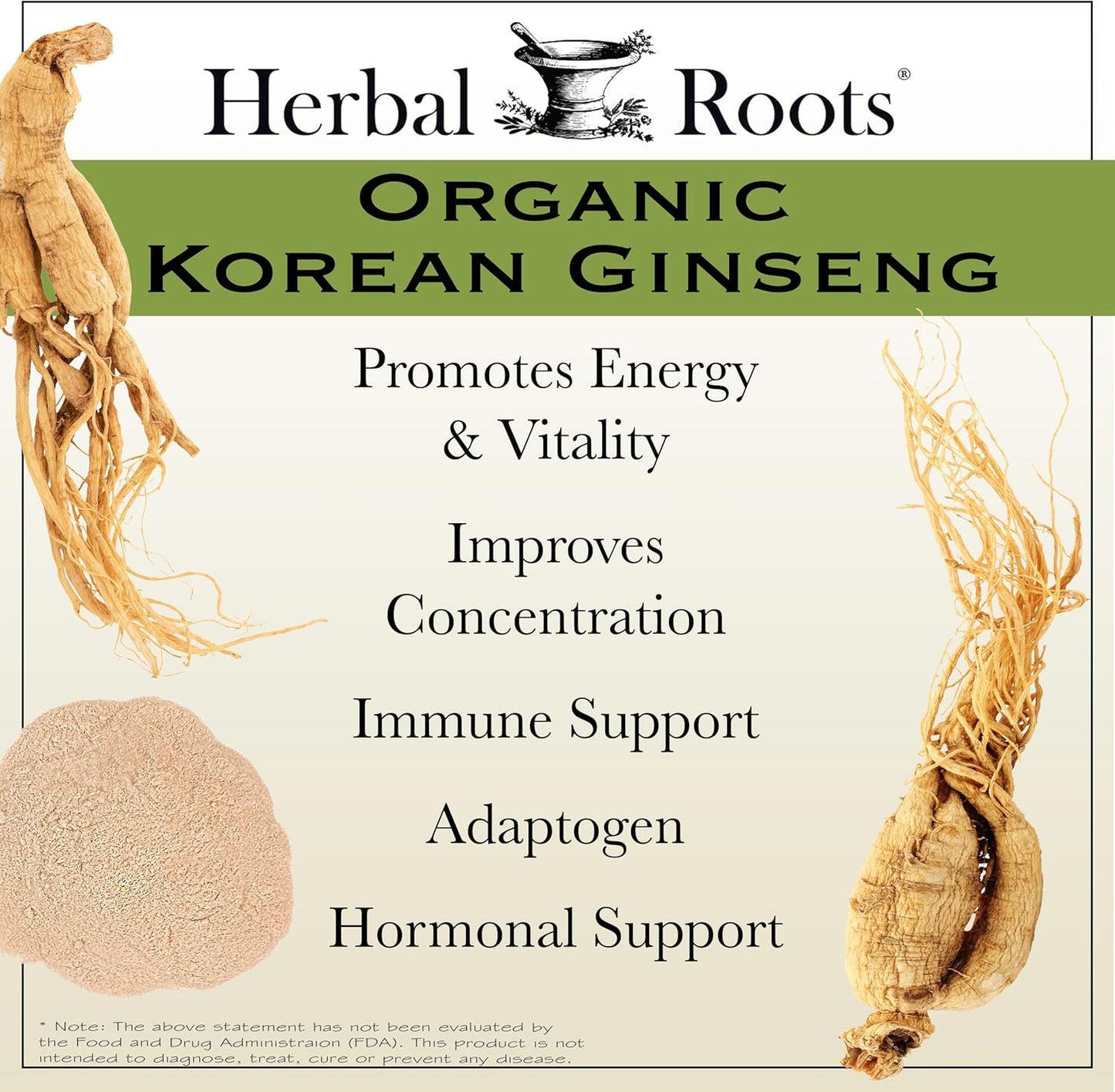 Herbal Roots Panax Ginseng - Organic Korean Ginseng Root Powder - 1000mg - High Ginsenosides for Energy, Focus & Performance - 60 Vegan Capsules Made in The USA