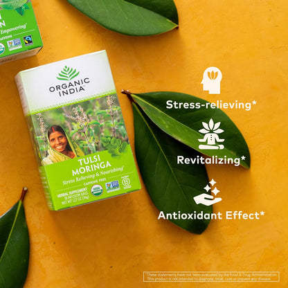 ORGANIC INDIA Tulsi Moringa Tea Bags - Holy Basil, Lemongrass, Moringa Leaves, Stress Relieving & Nourishing, Immune Support Tea, Vegan, Certified Organic, Caffeine-Free - 18 Infusion Bags, 6 Pack