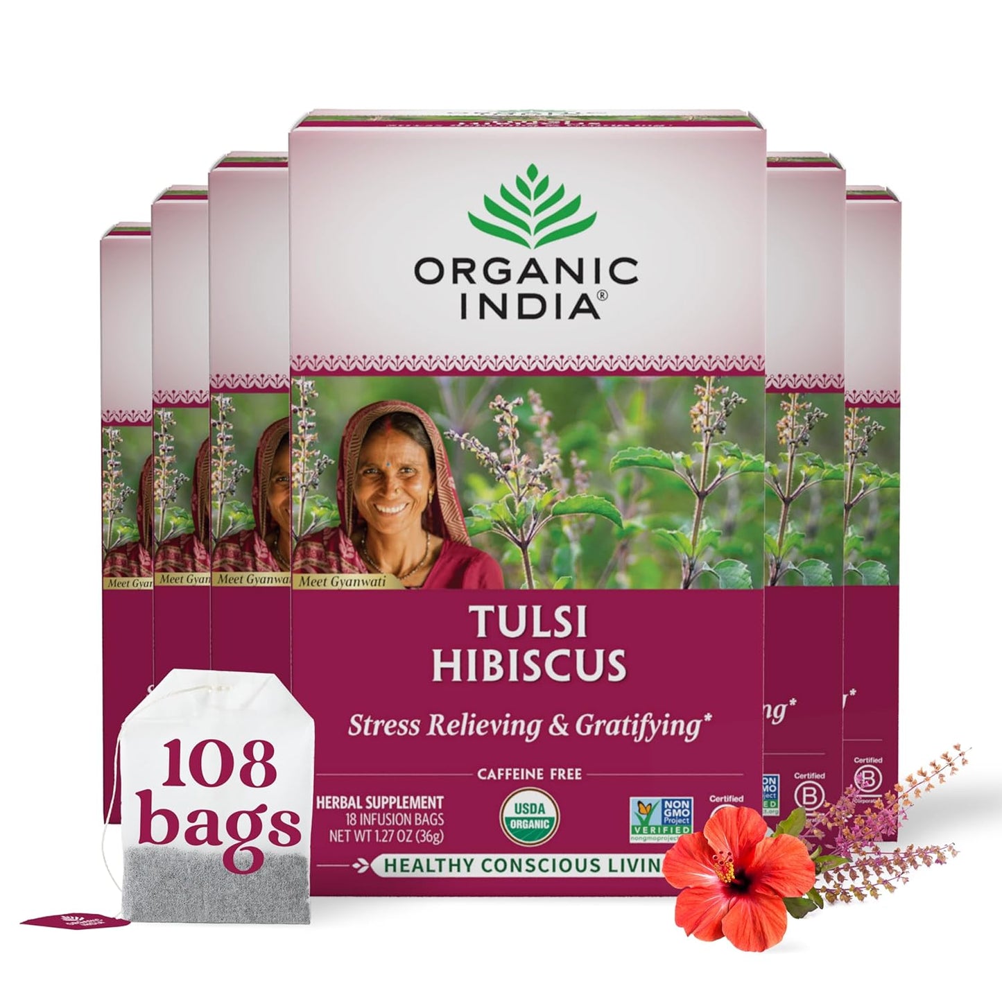 ORGANIC INDIA Tulsi Moringa Tea Bags - Holy Basil, Lemongrass, Moringa Leaves, Stress Relieving & Nourishing, Immune Support Tea, Vegan, Certified Organic, Caffeine-Free - 18 Infusion Bags, 6 Pack
