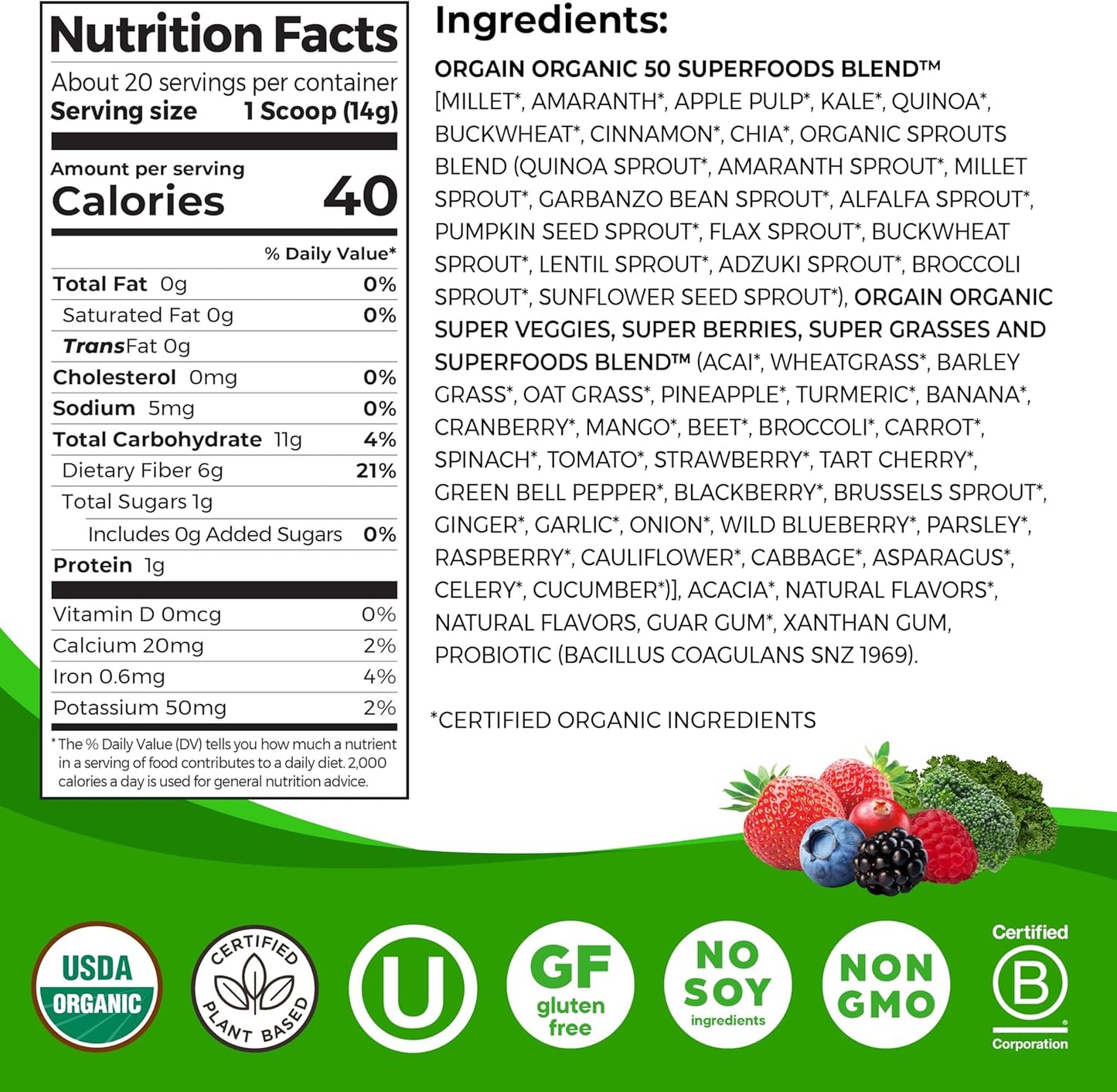 Orgain Organic Greens Powder + 50 Superfoods, Berry - 1 Billion Probiotics for Digestive Health, Antioxidants, Vegan, Plant-Based, Gluten-Free, Non-GMO, Green Juice & Smoothie Drink Mix - 0.62lb