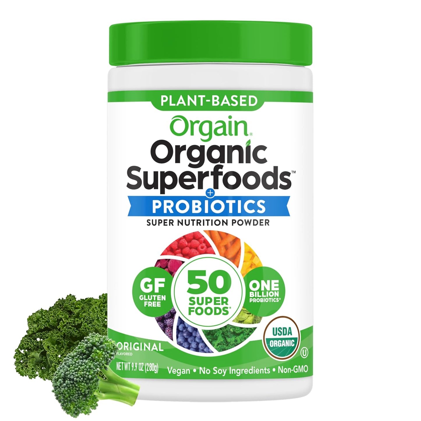 Orgain Organic Greens Powder + 50 Superfoods, Original - 1 Billion Probiotics for Digestive Health, Antioxidants, Vegan, Plant-Based, Gluten-Free, Non-GMO, Green Juice & Smoothie Drink Mix - 0.62lb