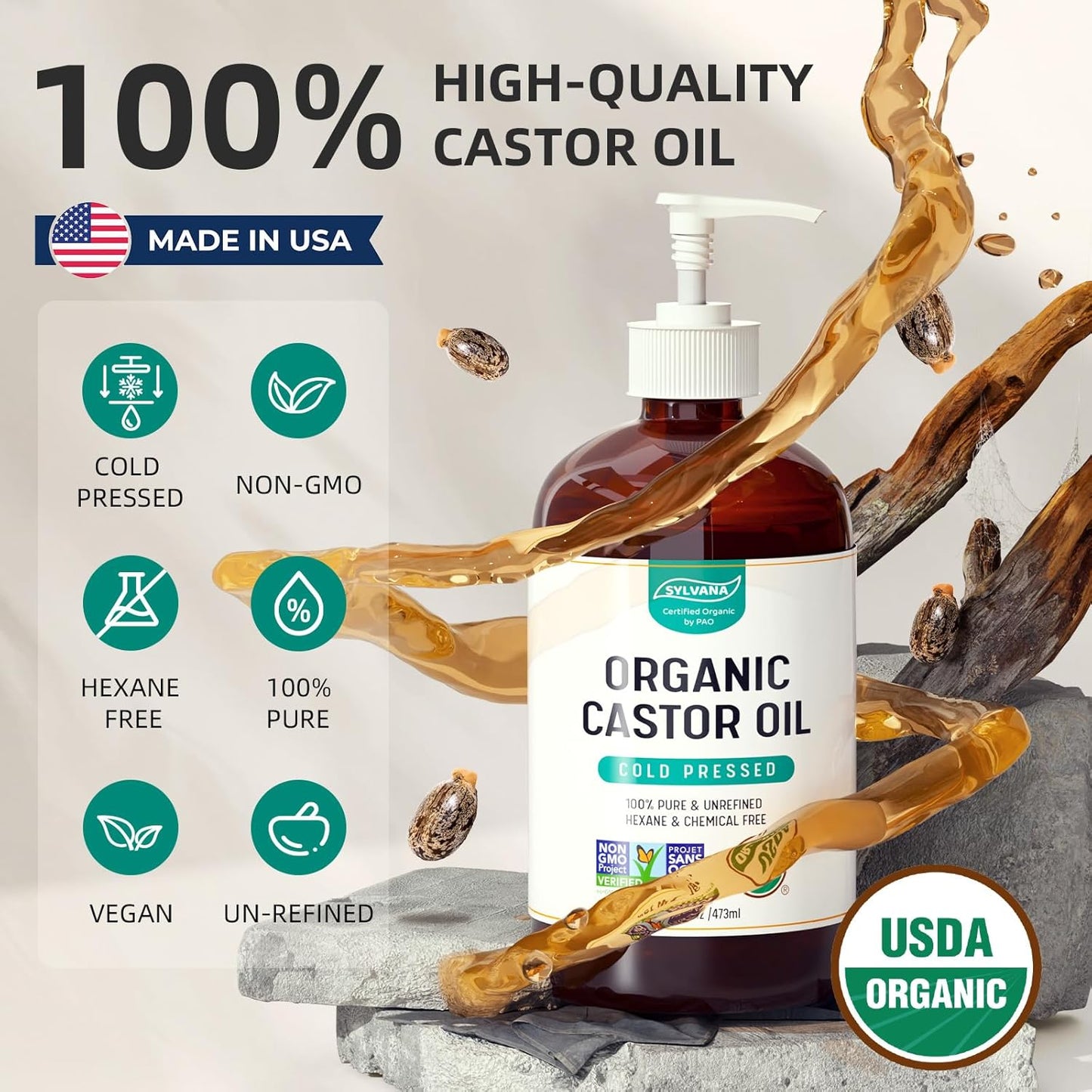 SYLVANA Organic Castor Oil (16oz Glass Bottle), USDA Certified Organic, Cold Pressed, Vegan, Hexane Free - 100% Pure Castor Oil for Nourishing Skin, Hair Growth, Lashes & Eyebrows