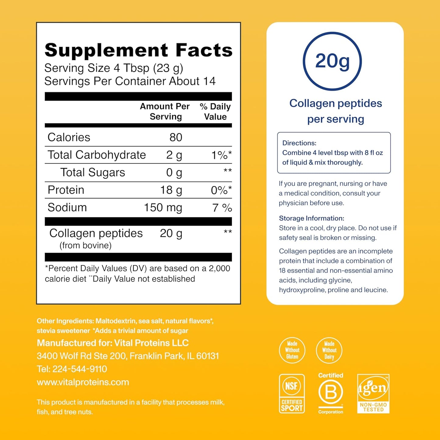 Vital Proteins Collagen Peptides Powder - Grass Fed Collagen Peptides for Hair, Nail, Skin, Bone & Joint Health, Vanilla, 23.2 Ounces