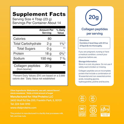 Vital Proteins Collagen Peptides Powder - Grass Fed Collagen Peptides for Hair, Nail, Skin, Bone & Joint Health, Vanilla, 23.2 Ounces