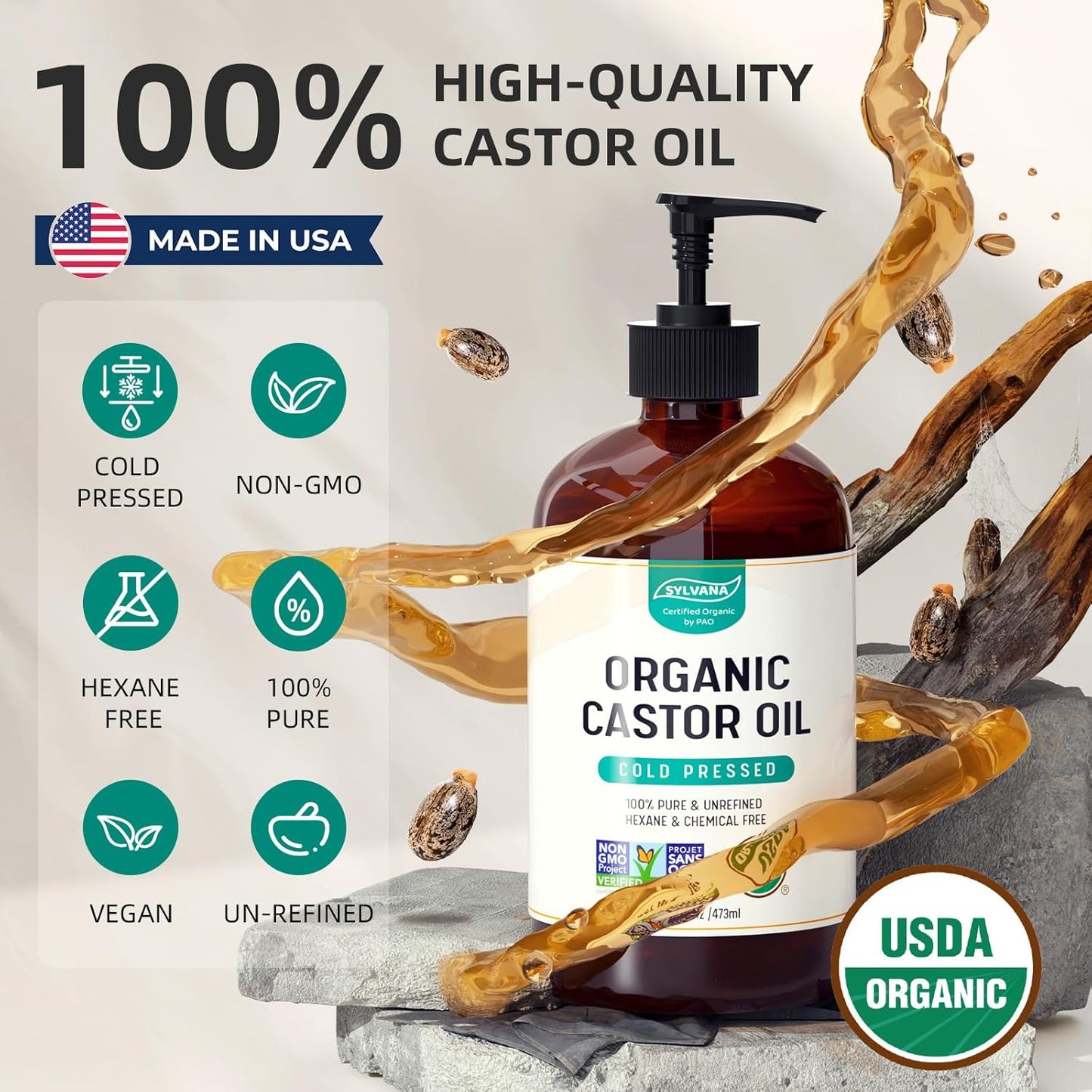 SYLVANA Organic Castor Oil (16oz Glass Bottle), USDA Certified Organic, Cold Pressed, Vegan, Hexane Free - 100% Pure Castor Oil for Nourishing Skin, Hair Growth, Lashes & Eyebrows