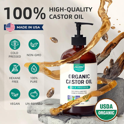 SYLVANA Organic Castor Oil (16oz Glass Bottle), USDA Certified Organic, Cold Pressed, Vegan, Hexane Free - 100% Pure Castor Oil for Nourishing Skin, Hair Growth, Lashes & Eyebrows
