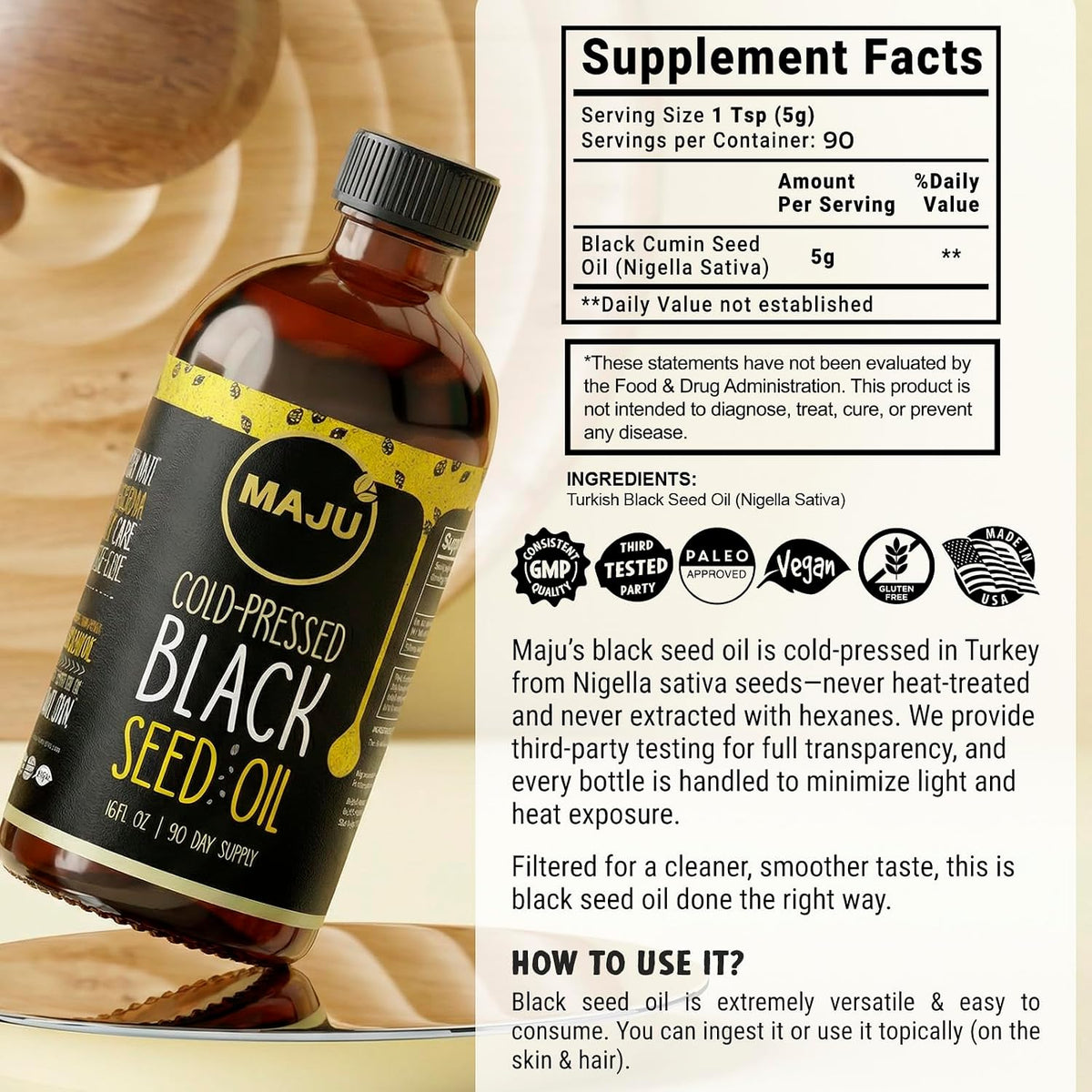 MAJU's Black Seed Oil 16oz: 2X Thymoquinone, Cold Pressed Turkish Black Cumin Nigella Sativa Seed Oil (Better Than Organic), Non-GMO, 100% Liquid Pure Blackseed, Glass Bottle