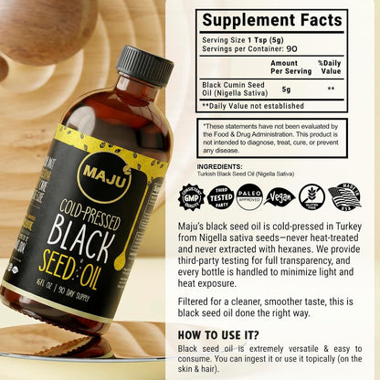 MAJU's Black Seed Oil 16oz: 2X Thymoquinone, Cold Pressed Turkish Black Cumin Nigella Sativa Seed Oil (Better Than Organic), Non-GMO, 100% Liquid Pure Blackseed, Glass Bottle