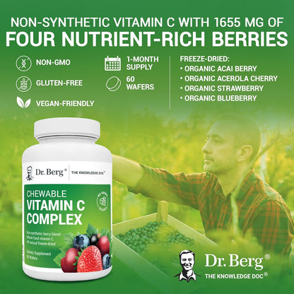 Dr. Berg Chewable Vitamin C Complex - Made with Organic, Non-GMO Berries - 60 Delicious Wafers