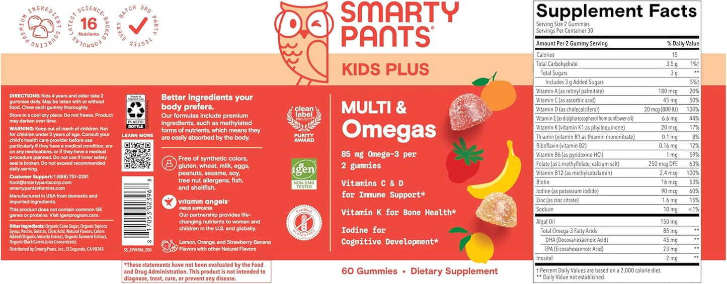 SmartyPants Kids Multivitamin Gummies: Omega 3 Fish Oil (EPA/DHA), Vitamin D3, C, Vitamin B12, B6, A, K & Zinc for Immune Support, Biotin, Gluten Free, Three Fruit Flavors, 120 Count (30 Day Supply)