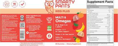SmartyPants Kids Multivitamin Gummies: Omega 3 Fish Oil (EPA/DHA), Vitamin D3, C, Vitamin B12, B6, A, K & Zinc for Immune Support, Biotin, Gluten Free, Three Fruit Flavors, 120 Count (30 Day Supply)
