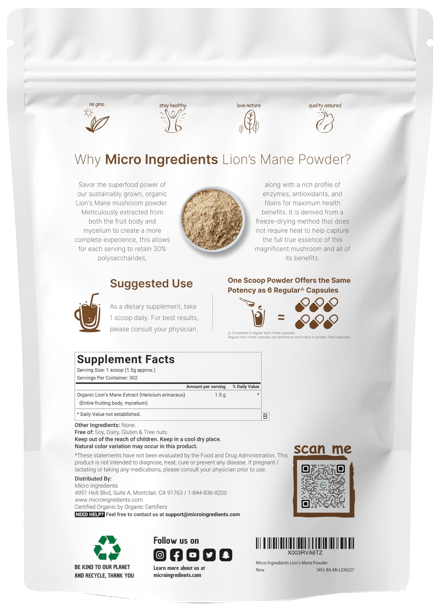Micro Ingredients Organic Lions Mane Mushroom Supplement Powder, 16 Ounce | Nootropic for Mental Clarity Energy & Immune Support | Non-GMO Vegan