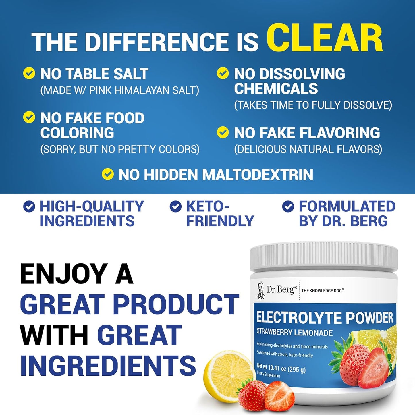Dr. Berg Zero Sugar Hydration Keto Electrolyte Powder - Enhanced w/ 1000 mg of Potassium & Real Pink Himalayan Salt (NOT Table Salt) - Lemonade Flavor Hydration Drink Mix Supplement - 100 Servings