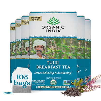 ORGANIC INDIA Tulsi Moringa Tea Bags - Holy Basil, Lemongrass, Moringa Leaves, Stress Relieving & Nourishing, Immune Support Tea, Vegan, Certified Organic, Caffeine-Free - 18 Infusion Bags, 6 Pack