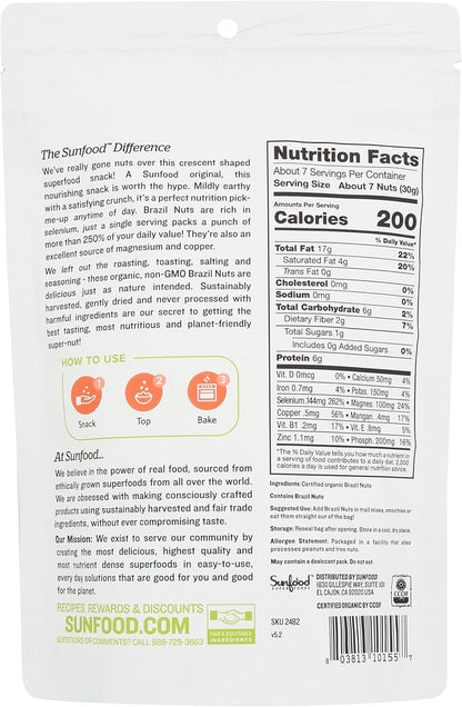Sunfood Superfoods Raw Organic Brazil Nuts - Brazil Nuts Organic, Raw Brazil Nuts, Brazilian Nuts Unsalted, Great Source of Protein, USDA Organic, Non GMO, Vegan - 8 oz Bag