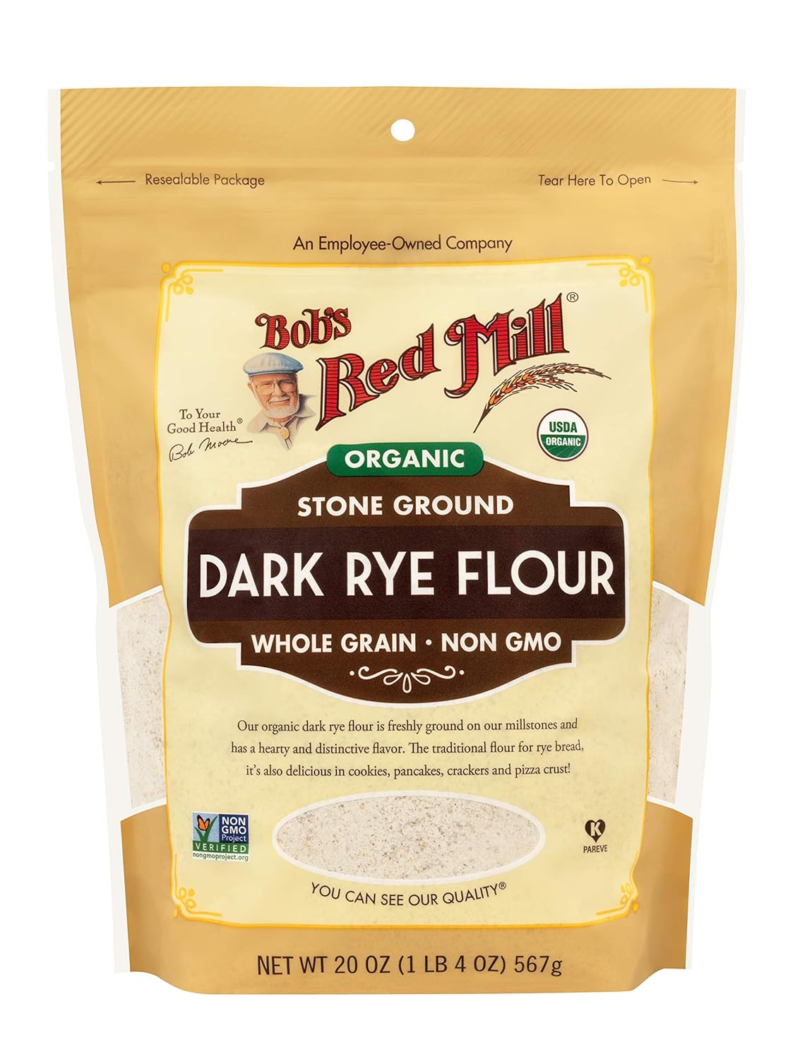 Bob's Red Mill Organic Dark Rye Flour, 20oz (Pack of 4) - Non GMO, Whole Grain, Vegan, Kosher