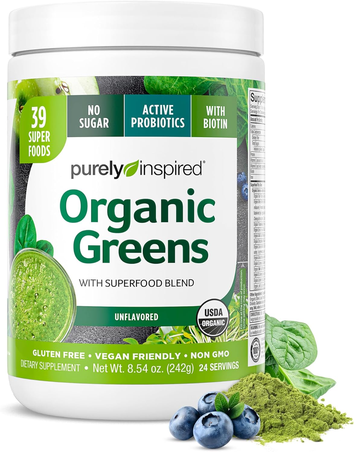 Purely Inspired Organic Green Powder Smoothie Mix, Unflavored (24 Servings) - Probiotics for Digestive Health with Spirulina & Chlorella for Gut Health - Vegan & Gluten-Free