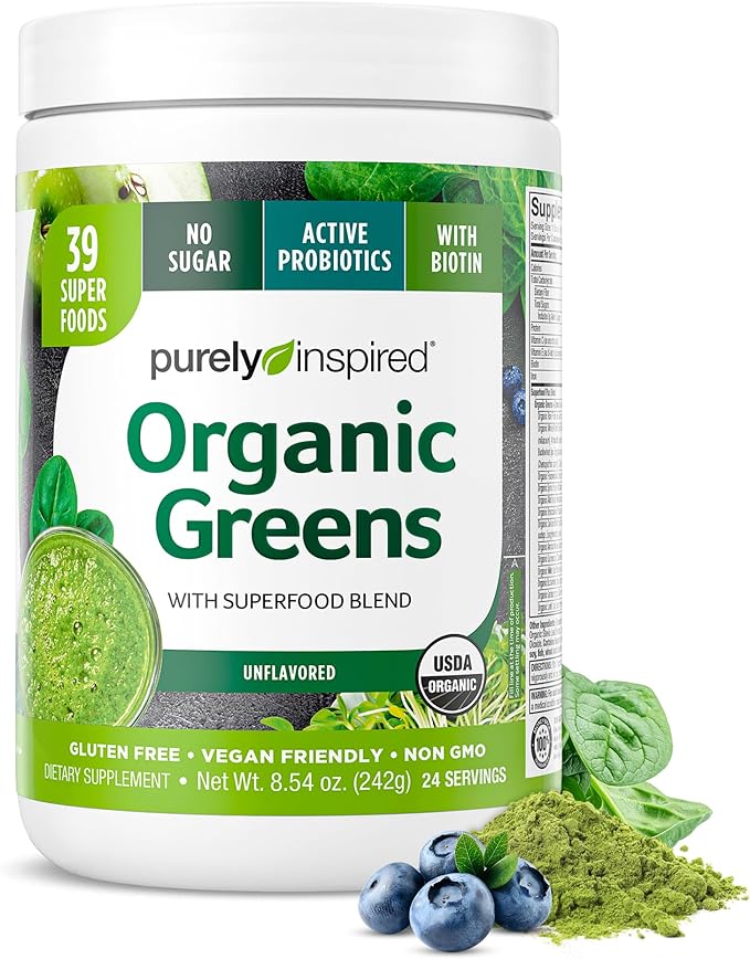 Purely Inspired Organic Green Powder Smoothie Mix, Unflavored (24 Servings) - Probiotics for Digestive Health with Spirulina & Chlorella for Gut Health - Vegan & Gluten-Free