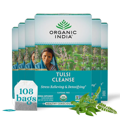 ORGANIC INDIA Tulsi Moringa Tea Bags - Holy Basil, Lemongrass, Moringa Leaves, Stress Relieving & Nourishing, Immune Support Tea, Vegan, Certified Organic, Caffeine-Free - 18 Infusion Bags, 6 Pack