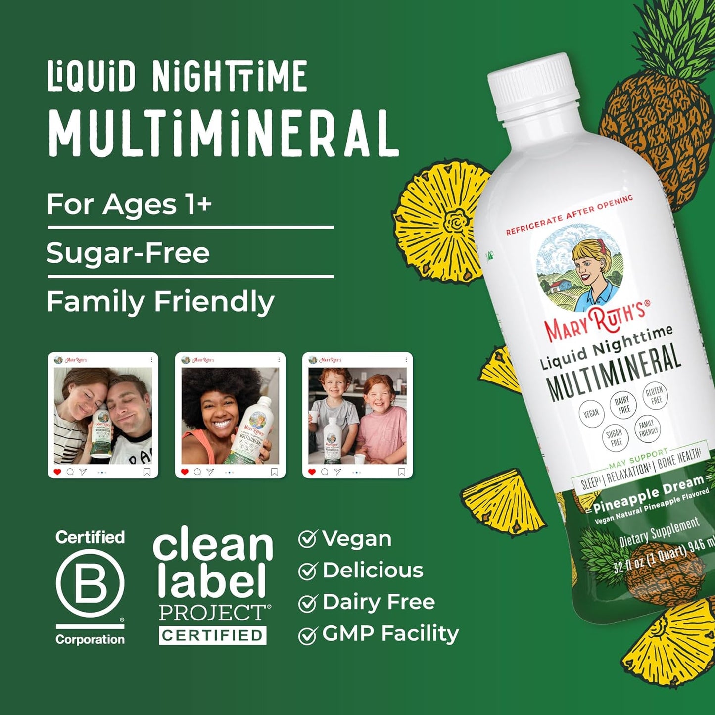 MaryRuth Organics Liquid Nighttime Multimineral | No Melatonin | Bedtime Routine | Magnesium Citrate | Calcium | Zinc | Vitamin D3| Available in 4 Flavors - Vegan | Sugar Free | Gluten Free | 32 Oz