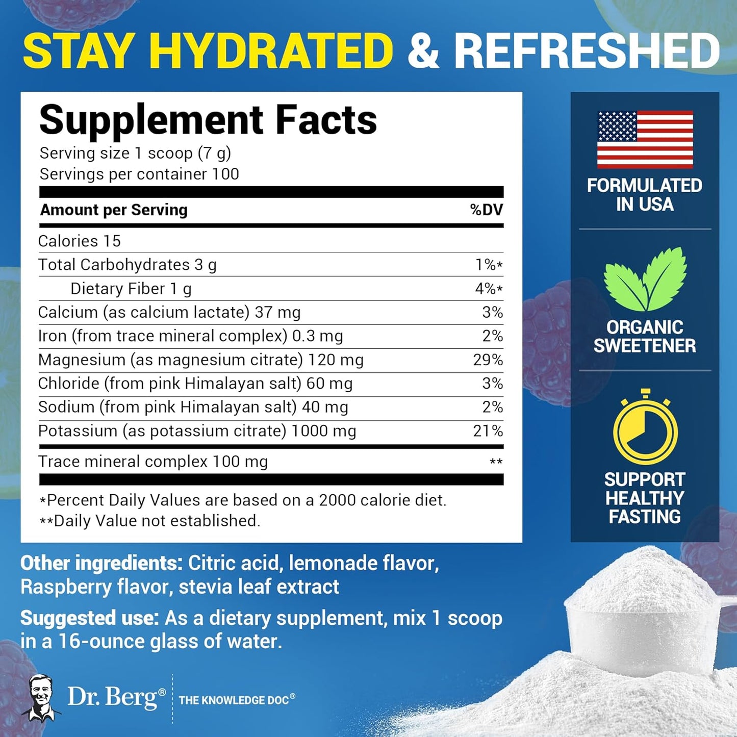 Dr. Berg Zero Sugar Hydration Keto Electrolyte Powder - Enhanced w/ 1000 mg of Potassium & Real Pink Himalayan Salt (NOT Table Salt) - Lemonade Flavor Hydration Drink Mix Supplement - 100 Servings