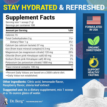 Dr. Berg Zero Sugar Hydration Keto Electrolyte Powder - Enhanced w/ 1000 mg of Potassium & Real Pink Himalayan Salt (NOT Table Salt) - Lemonade Flavor Hydration Drink Mix Supplement - 100 Servings
