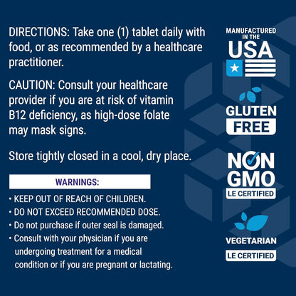 Life Extension Optimized Folate – L-methylfolate – Heart & Brain Support, Healthy Homocysteine Levels – Non-GMO, Gluten-Free, Vegetarian – 1700 mcg DFE, 100 Vegetarian Tablets