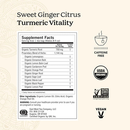 Yogi Tea Sweet Ginger Citrus Turmeric Vitality - 16 Bags per Pack (6 Packs) - Organic Ginger & Turmeric Root Tea - Supports Well-being - Includes Cinnamon Bark & More