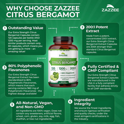 Zazzee Extra Strength Citrus Bergamot 200:1 Extract 1200 mg, 120 Capsules