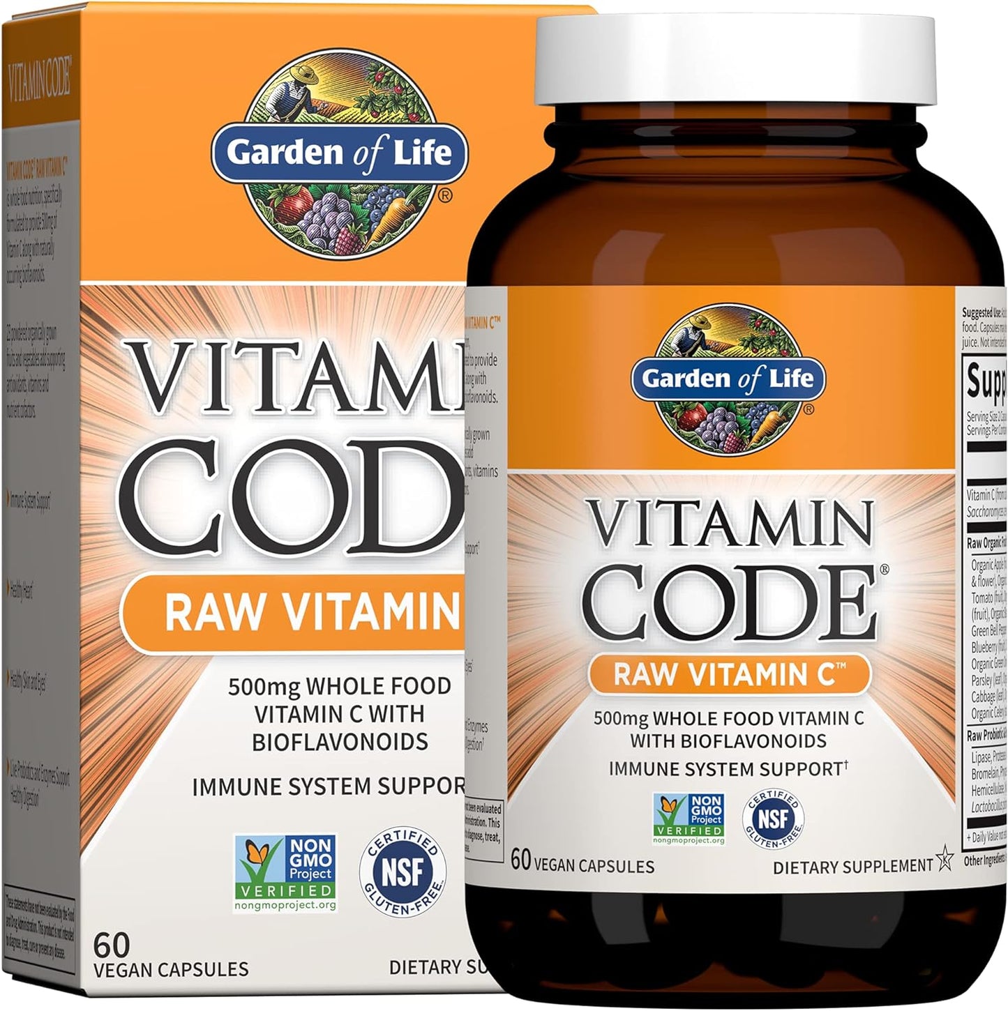 Garden of Life Raw Vitamin Code Vitamin C, 120 Vegan Capsules, 500mg Whole Food Vitamin C Supplements with Bioflavonoids, Fruits & Veggies, Probiotics, Gluten Free for Adults