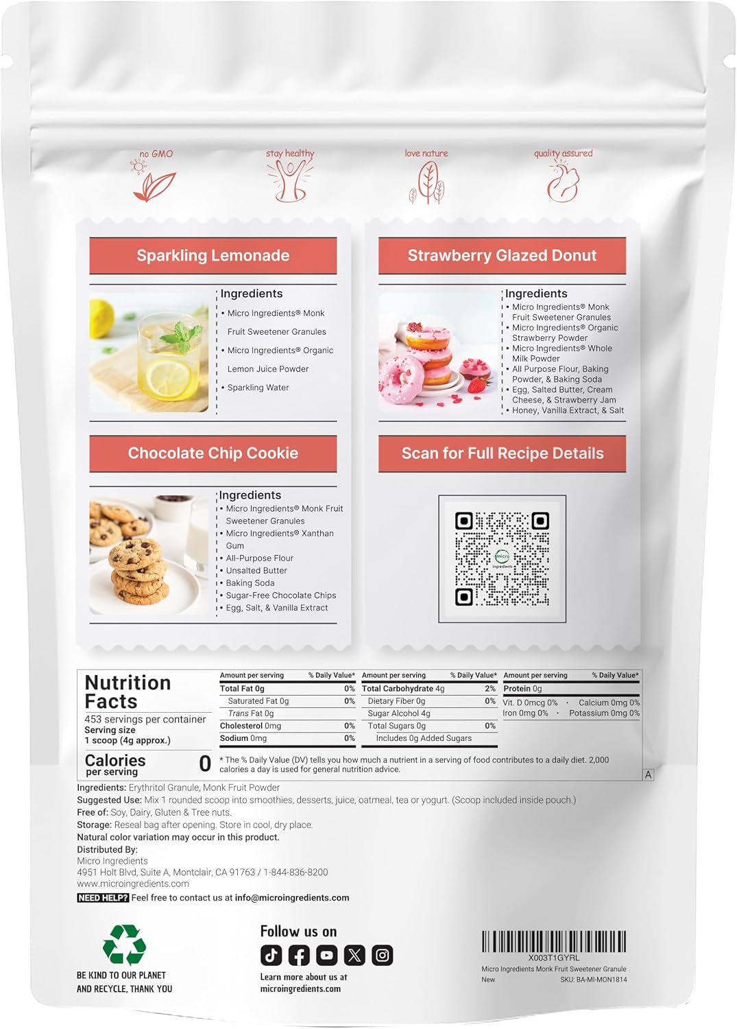Micro Ingredients Monk Fruit Sweetener with Erythritol Granules, 4 Pounds, No After Taste, 1:1 White Sugar Substitute, Keto Diet Friendly, Zero Calorie, Natural Sweetener for Drinks, Coffee, Tea, Co