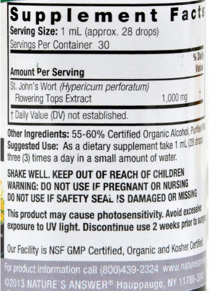Nature's Answer St. John's Wort Extract with Organic Low Alcohol 1 Fluid Ounce | Vegan | Non-GMO | Gluten Free | Kosher | Made in The USA | Single Count