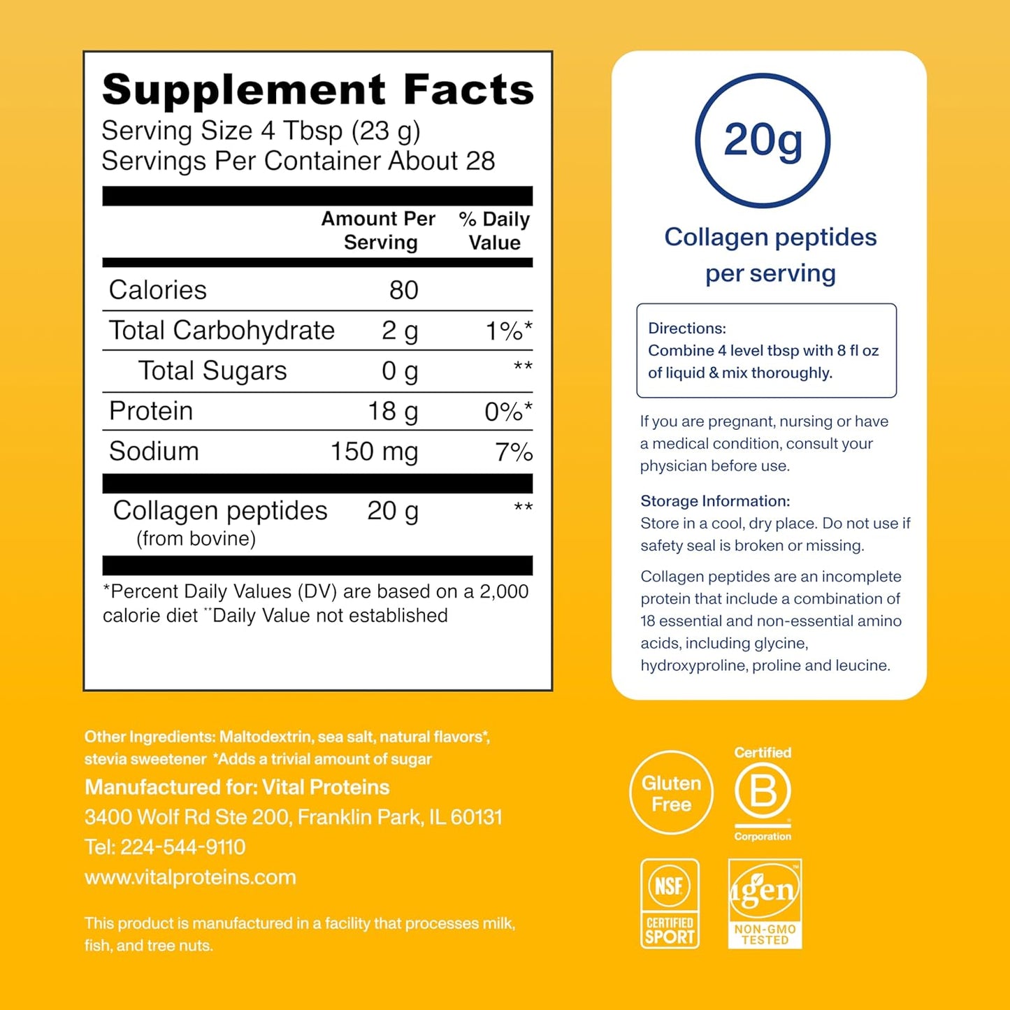 Vital Proteins Collagen Peptides Powder - Grass Fed Collagen Peptides for Hair, Nail, Skin, Bone & Joint Health, Vanilla, 23.2 Ounces