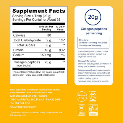 Vital Proteins Collagen Peptides Powder - Grass Fed Collagen Peptides for Hair, Nail, Skin, Bone & Joint Health, Vanilla, 23.2 Ounces