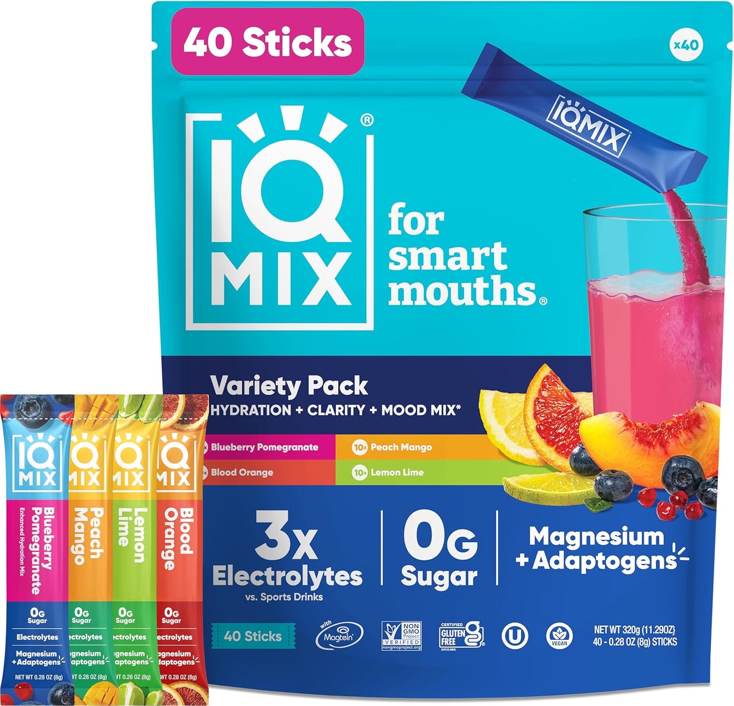 IQMIX Sugar Free Electrolytes Powder Packets - Hydration Supplement Drink Mix with Keto Electrolytes, Lions Mane, Magnesium L-Threonate, and Potassium Citrate - Variety Pack (40 Count)