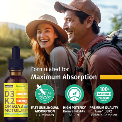 (1 Pack) Organic Vitamin D3 K2 Drops w MCT Oil Omega 3, 5000 IU, Vitamin D Liquid 5000 IU, No Fillers, Non-GMO Liquid D3 for Body’s Defenses & Faster Absorption, Unflavored, 2 Fl Oz Liquid Vitamin D3