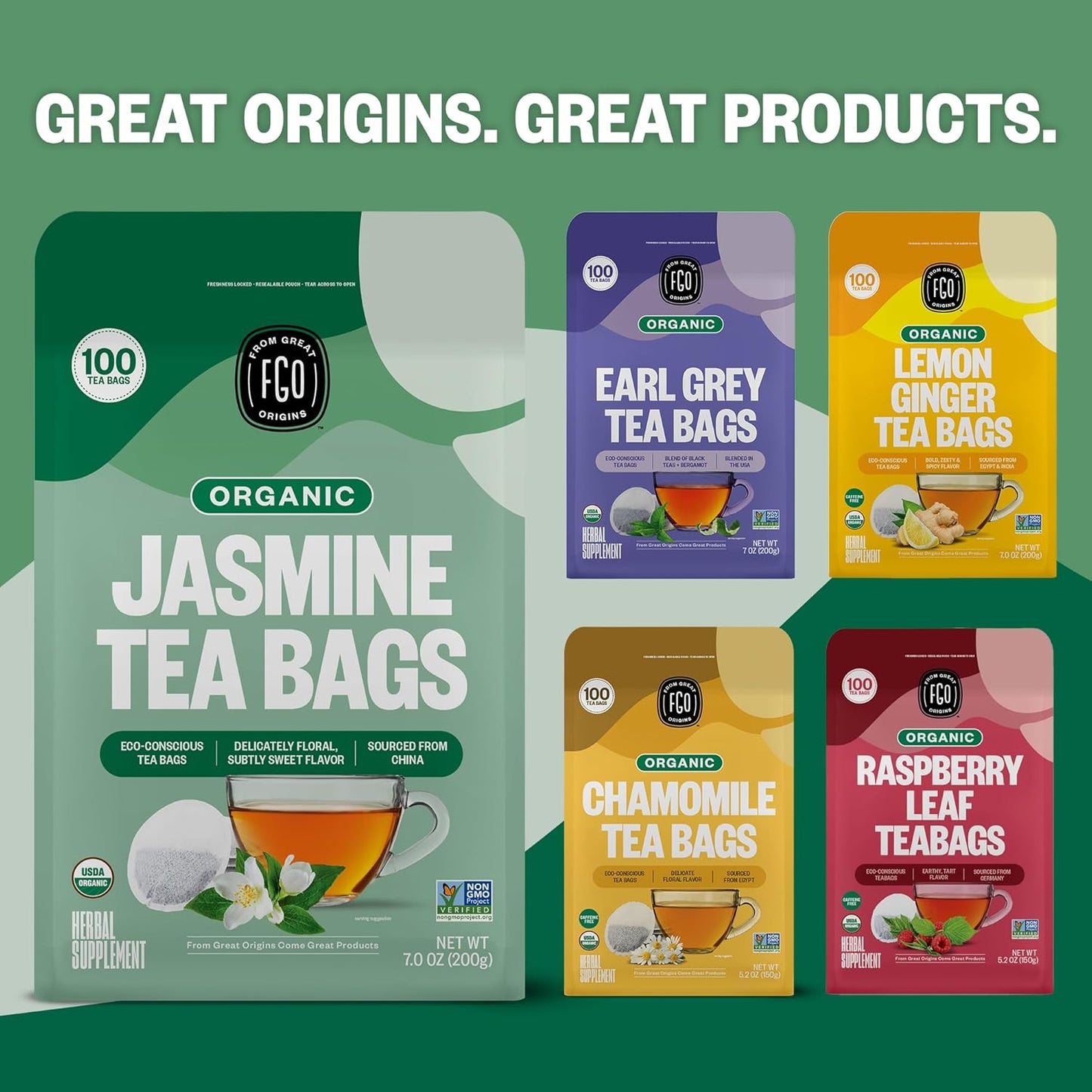 FGO Organic Nettle Leaf Tea, 100 Count, Eco-Conscious Tea Bags, Caffeine Free, Resealable Bag, Packaging May Vary (Pack of 1)