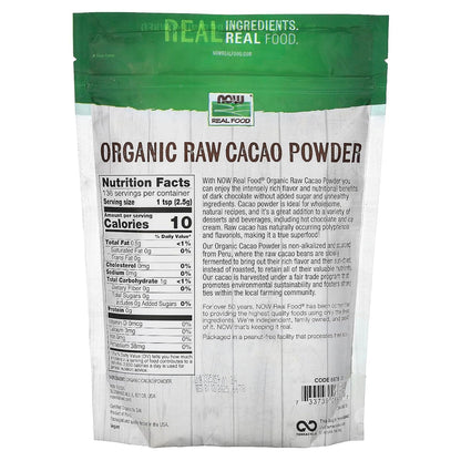 NOW Foods, Organic Raw Cacao Powder, with Polyphenols and Flavonols, Sun-Dried, Intensely Rich Flavor, 12-Ounce (Packaging May Vary)