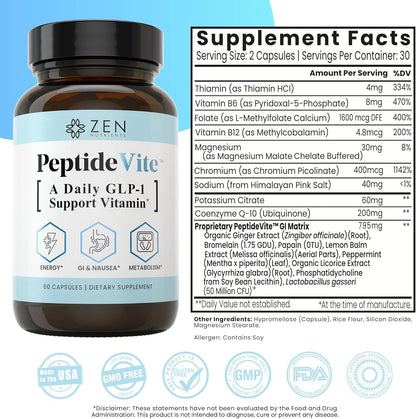 Zen Nutrients PeptideVite GLP-1 Support Vitamin for Gut Health with Probiotics, Bromelain, Chromium Picolinate & Organic Ginger (60 Capsules)