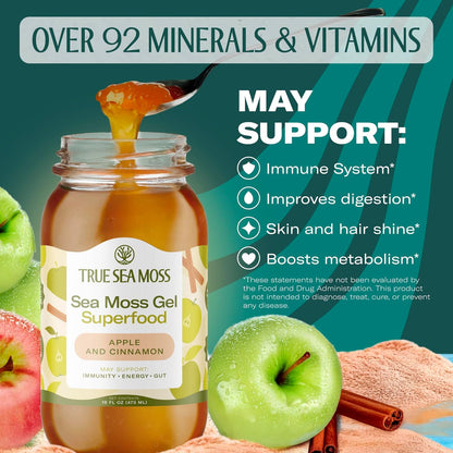 TrueSeaMoss Sea Moss Gel – Made in USA – Wildcrafted Seamoss, Fresh Fruits & Sea Vegetables – Apple/Cinnamon, Pack of 1 (Labels may Vary)