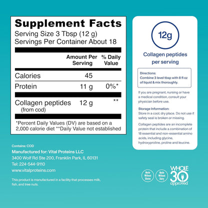 Vital Proteins Marine Collagen Peptides Powder Supplement for Skin Hair Nail Joint - Hydrolyzed Collagen - 12g per Serving - 7.8 oz Canister