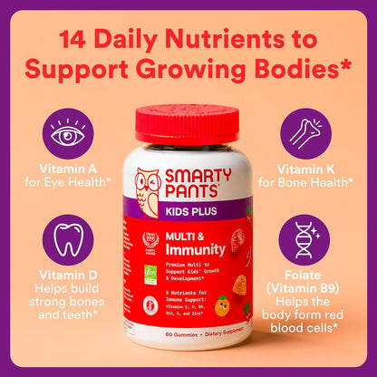 SmartyPants Kids Multivitamin & Immunity Gummies: Vitamins C, D, B6, B12, A, and Zinc for Immune Support, Biotin, Iodine, Gluten Free, Two Fruit Flavors, 60 Count (30 Day Supply)