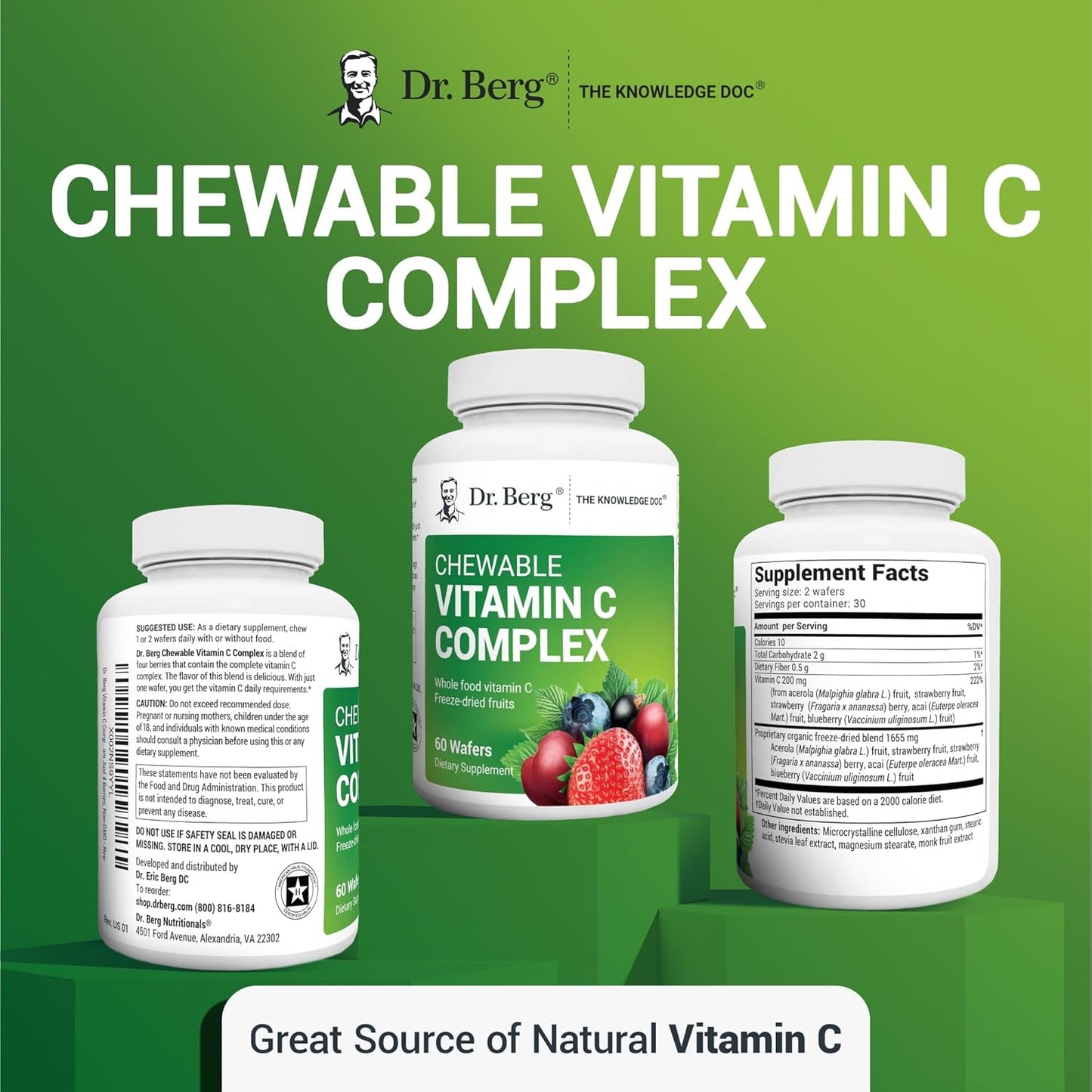 Dr. Berg Chewable Vitamin C Complex - Made with Organic, Non-GMO Berries - 60 Delicious Wafers