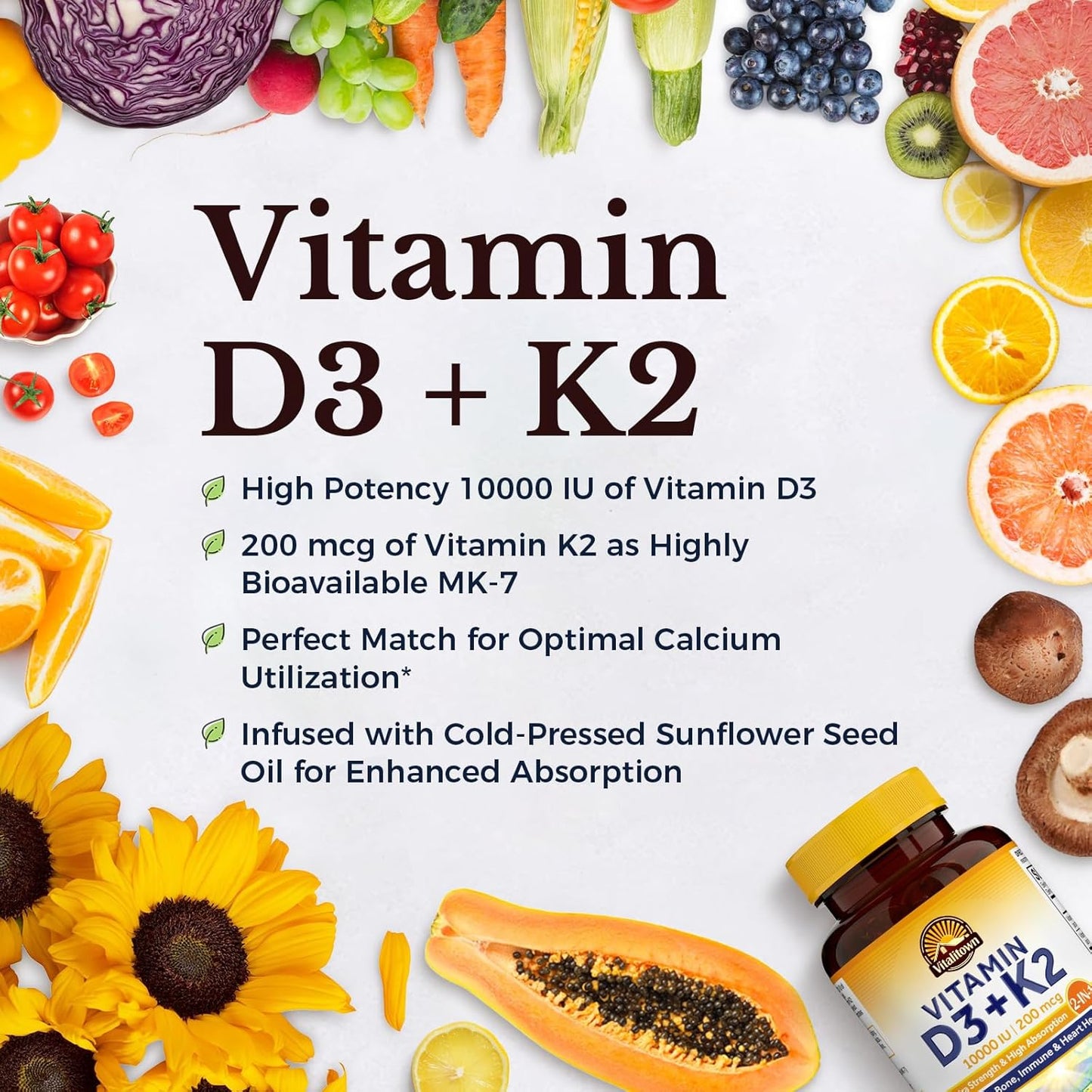 Vitalitown Vitamin D3 K2 Supplement, Vitamin D3 10000 IU Vitamin K2 (MK7) 200 mcg, 90 Softgels, Non-GMO, No Gluten & Soy, for Bone, Teeth, Immune & Heart Health