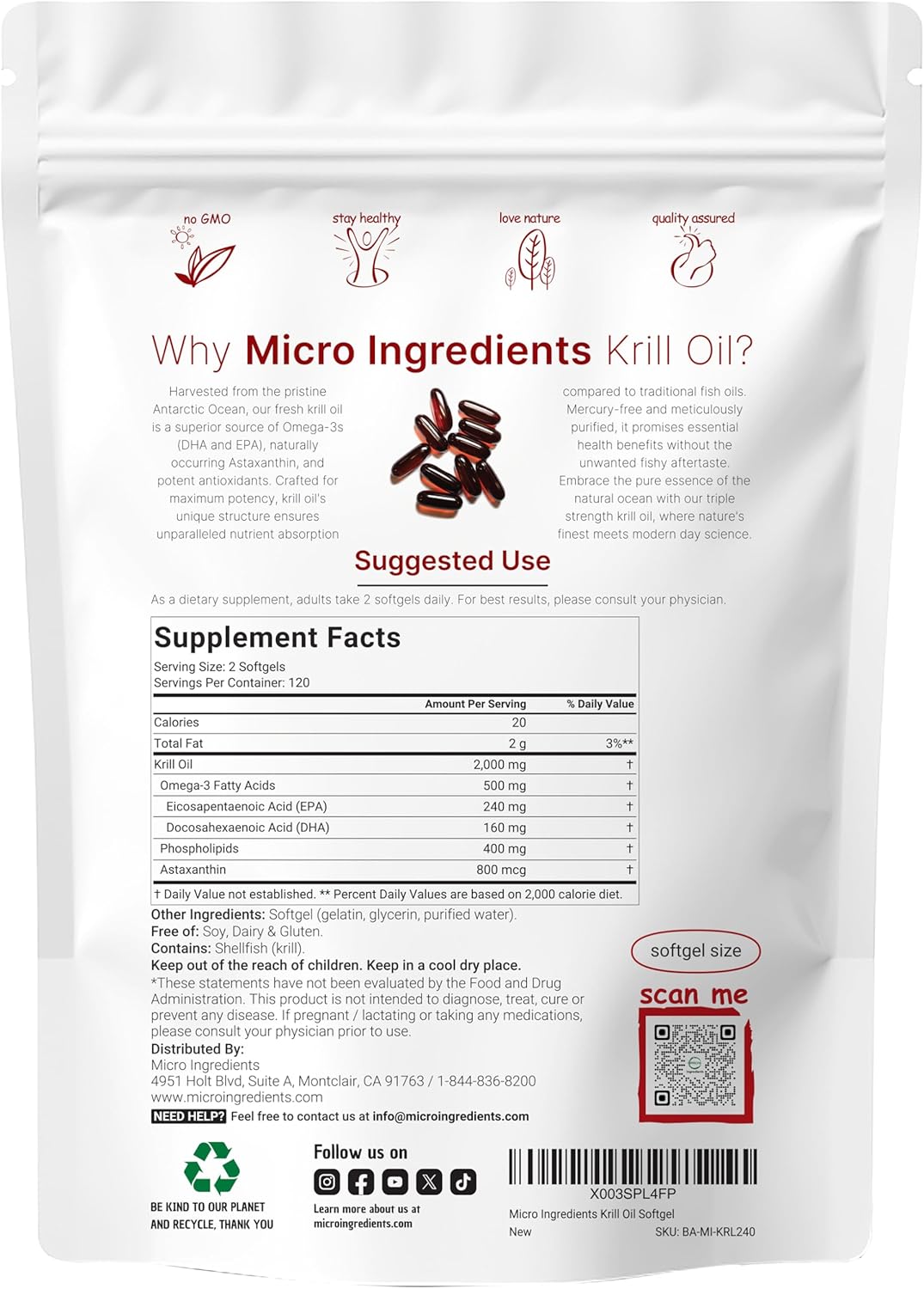 Micro Ingredients Antarctic Krill Oil Supplement, 2,000mg Per Serving, 240 Softgels, Triple Strength, Rich in Omega-3s EPA, DHA & Natural Astaxanthin, Supports Immune System & Brain Health