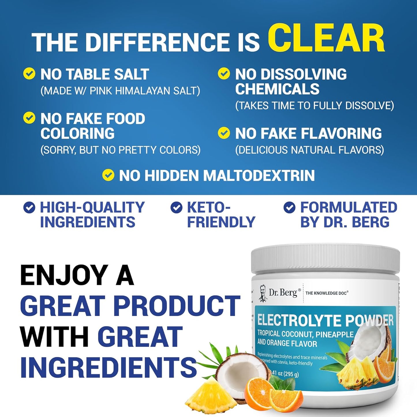 Dr. Berg Zero Sugar Hydration Keto Electrolyte Powder - Enhanced w/ 1000 mg of Potassium & Real Pink Himalayan Salt (NOT Table Salt) - Lemonade Flavor Hydration Drink Mix Supplement - 100 Servings