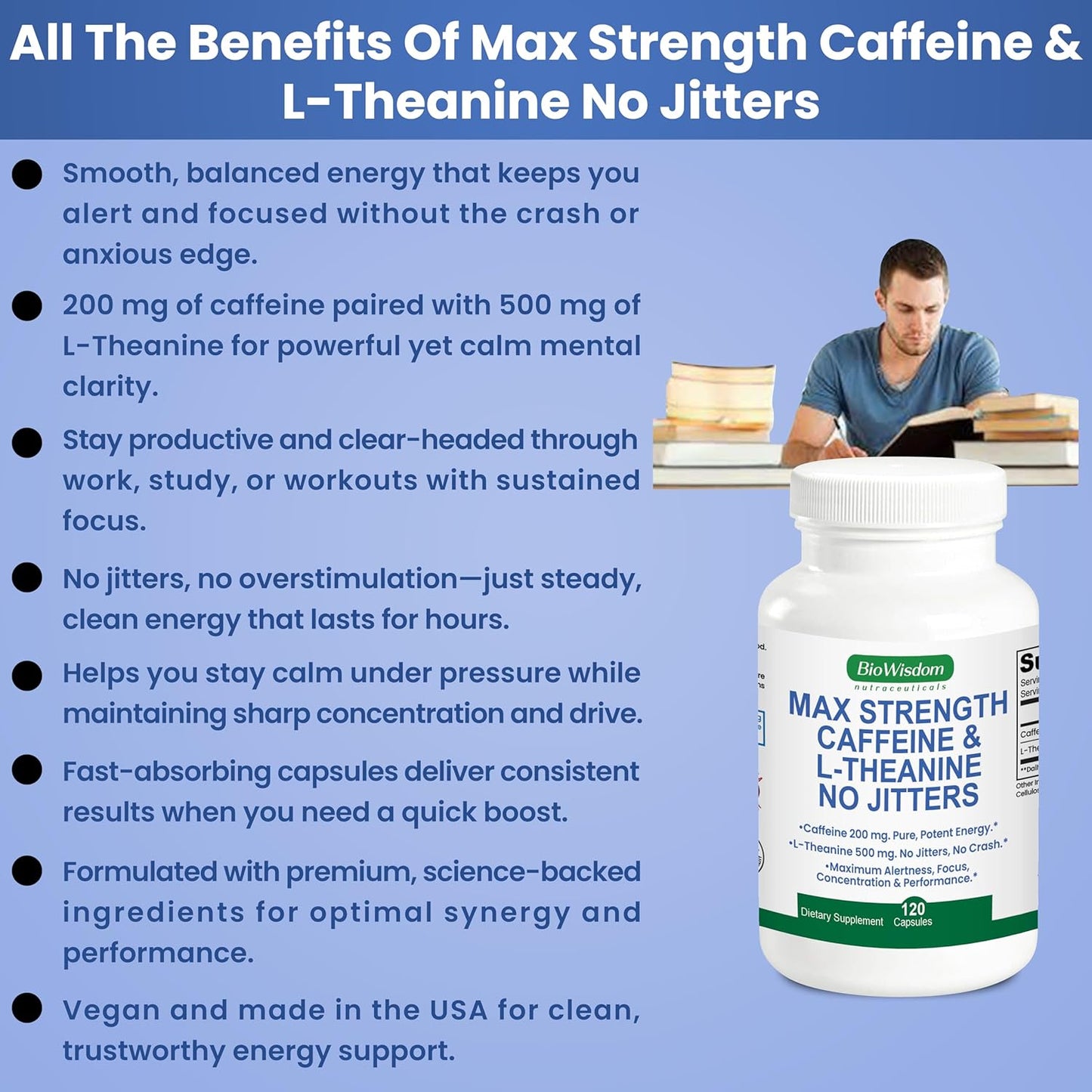 Max Strength Caffeine L Theanine Pills (200mg/500mg) - No Jitters Peak Energy, Focus, Performance, Alertness - Caffeine Pills & L-Theanine Capsules, No Crash & Drowsiness, Potent Supplement.