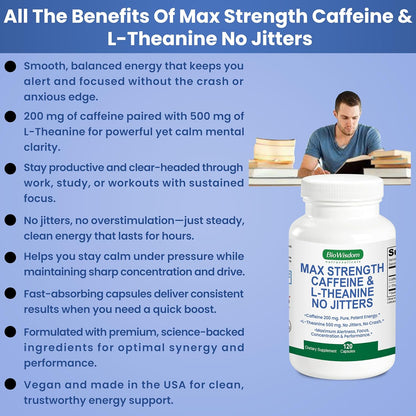 Max Strength Caffeine L Theanine Pills (200mg/500mg) - No Jitters Peak Energy, Focus, Performance, Alertness - Caffeine Pills & L-Theanine Capsules, No Crash & Drowsiness, Potent Supplement.
